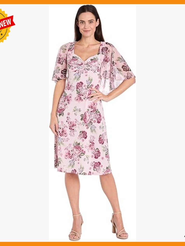 Knee-Length Floral Capelet Dress, Sweetheart Neckline, Formal Occasion